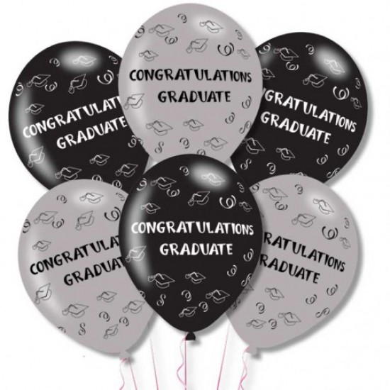 Congrats Graduate Grey/Black Latex Balloons (6pk)