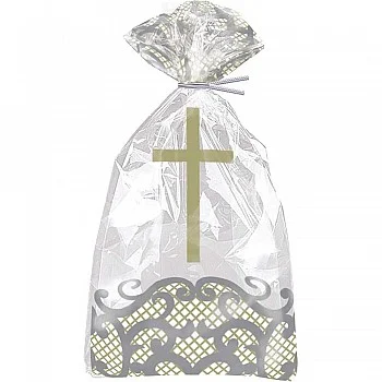 Silver with Gold Cross Plastic Cello Bags and twist ties (20ct)