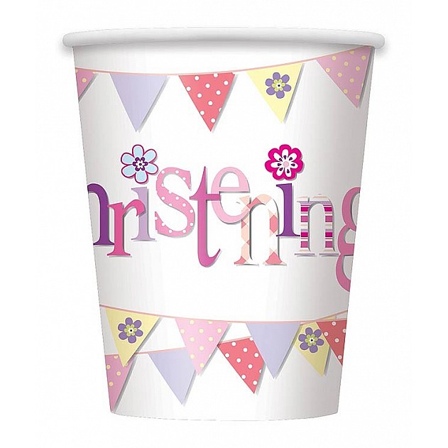 Christening Pink Bunting 9oz Cups (8pk) Christening Pink Bunting 9oz Cups (8pk)