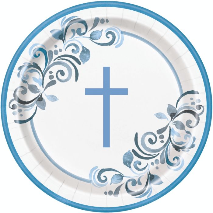 Blue Holy Cross Paper Plates - 22cm (8pk)