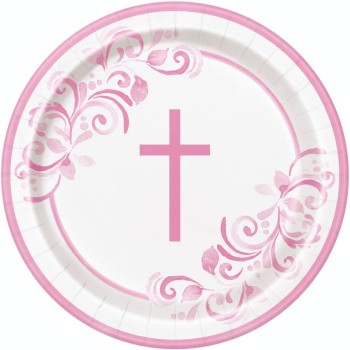 Pink Holy Cross Paper Plates - 22cm (8pk)