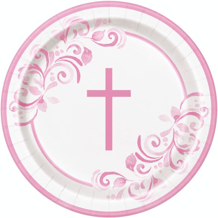 Pink Holy Cross Paper Plates - 22cm (8pk)